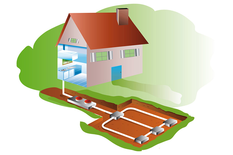 Image of the schematic of a home with geothermal heating. Geothermal Basics.